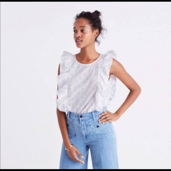 NWT Madewell White Cotton Eyelet‎ Side-Tie Ruffle Peplum Top XXS - Picture 1 of 6